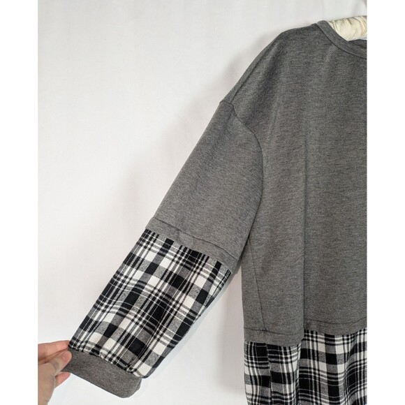 Bloomchic Sweatshirt 14 16 Women's Gray Plaid Patchwork Round Neck Arc Hem - Picture 3 of 6